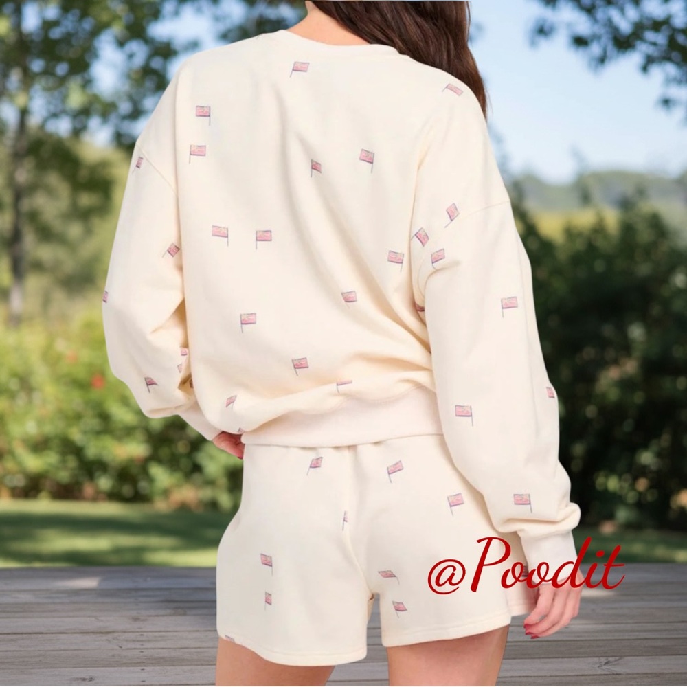 GILLI two piece French Terry cream flag print oversized shorts outfit S M L - Picture 4 of 7